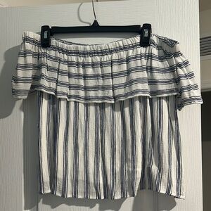 Blue and White Ruffled Off Shoulder Crop Blouse